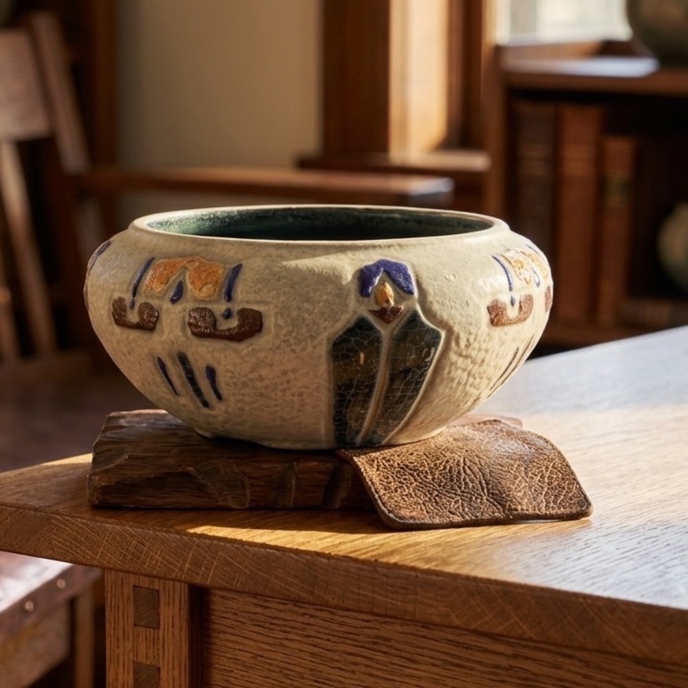 Roseville Mostique Pottery Art Deco Bowl Indian Design‎ Gray 1915 Antique